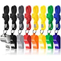 FineGood 8 Paquetes Entrenadores Arbitro Silbatos con Cordones- 7 Colorido Plástico y 1 Acero Inoxidable Metal Silbatos…